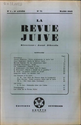 La Revue Juive de Genève. Vol. 8 n° 1 fasc. 71 (mars 1945)